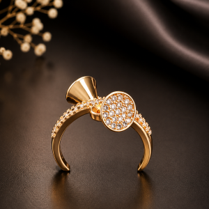 Gold Trumpet Bow Adjustable Ring, Micro Pavé Crystal Unique Open Back Band
