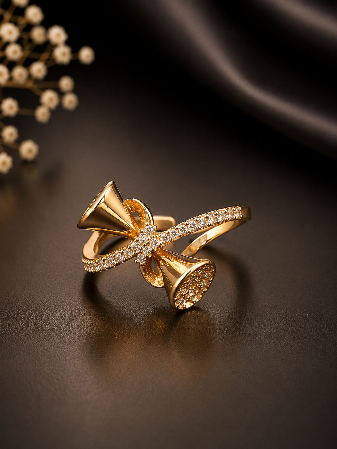 Gold Trumpet Bow Adjustable Ring, Micro Pavé Crystal Unique Open Back Band - Image 2