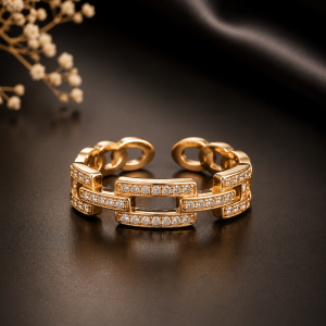 Gold Plated Interlocking Chain Ring, Pavé CZ Geometric Link Adjustable Open Band