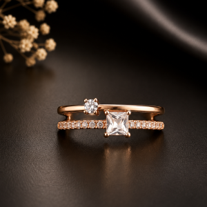 Gold Plated Double Layer Adjustable Ring, Princess Cut CZ Open Band Ring