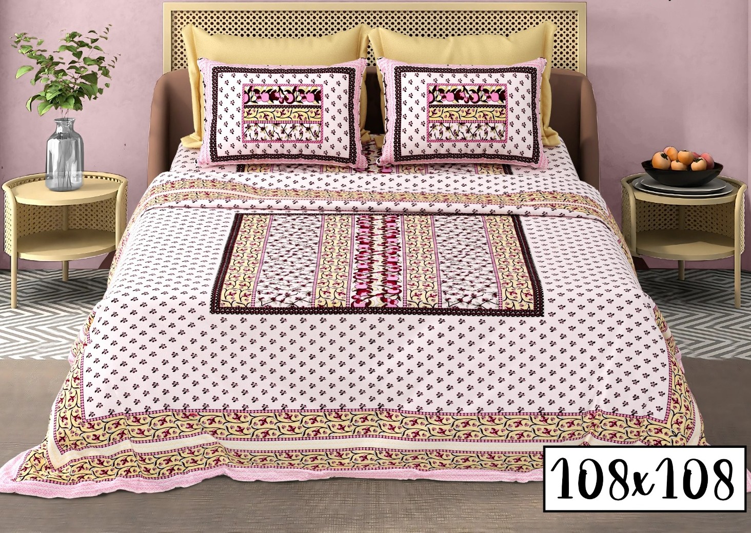 Royal 100% Cotton Super King Bedsheet Set (108" x 108") – Traditional Jaipuri Hand-Block Print with 2 Pillow Covers