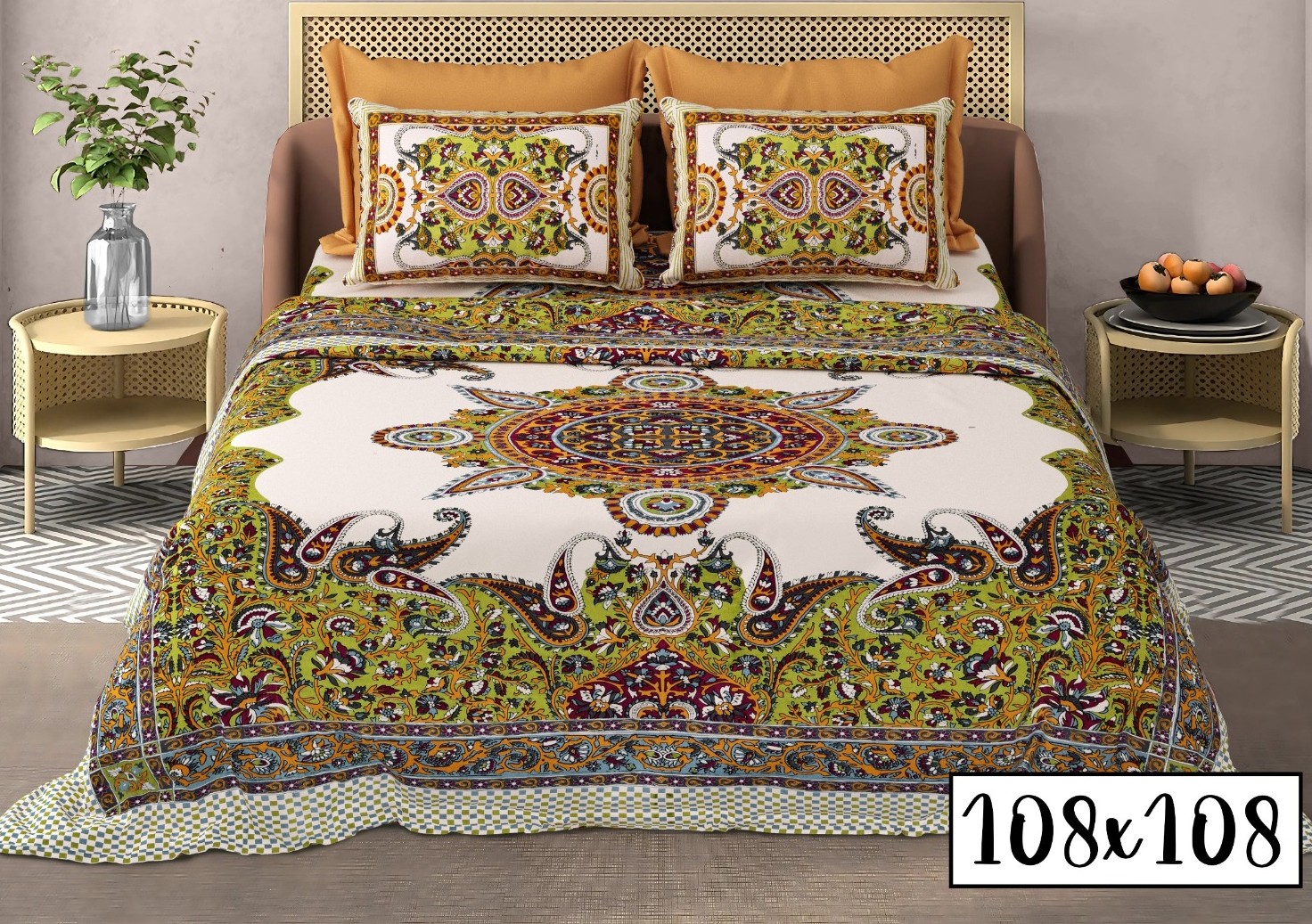 Royal 100% Cotton Super King Bedsheet Set (108" x 108") – Traditional Jaipuri Hand-Block Print with 2 Pillow Covers - Image 4
