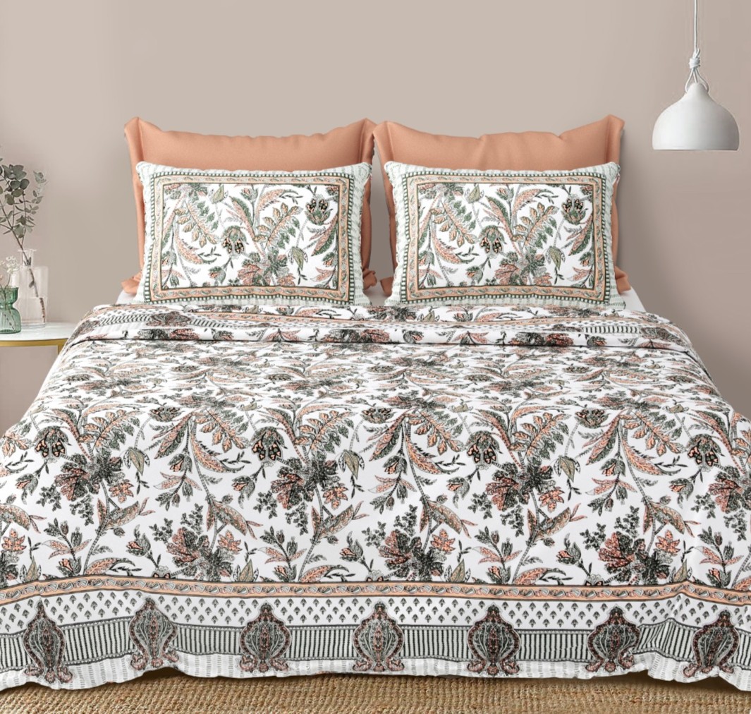 Premium 100% Cotton King Size Bed Sheet Set (108x108 inches) - Floral Trail Print, Skin-Friendly & Fade-Resistant