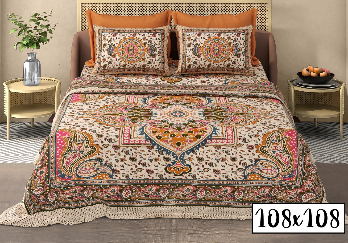 Royal 100% Cotton Super King Bedsheet Set (108" x 108") – Traditional Jaipuri Hand-Block Print with 2 Pillow Covers - Image 6
