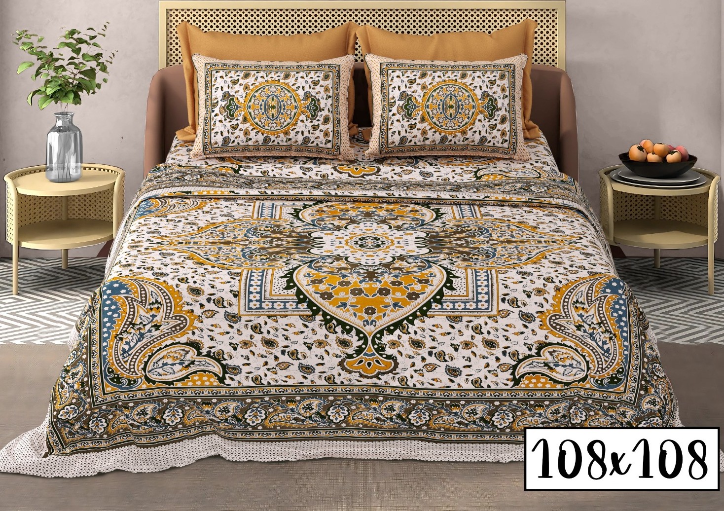 Royal 100% Cotton Super King Bedsheet Set (108" x 108") – Traditional Jaipuri Hand-Block Print with 2 Pillow Covers - Image 7