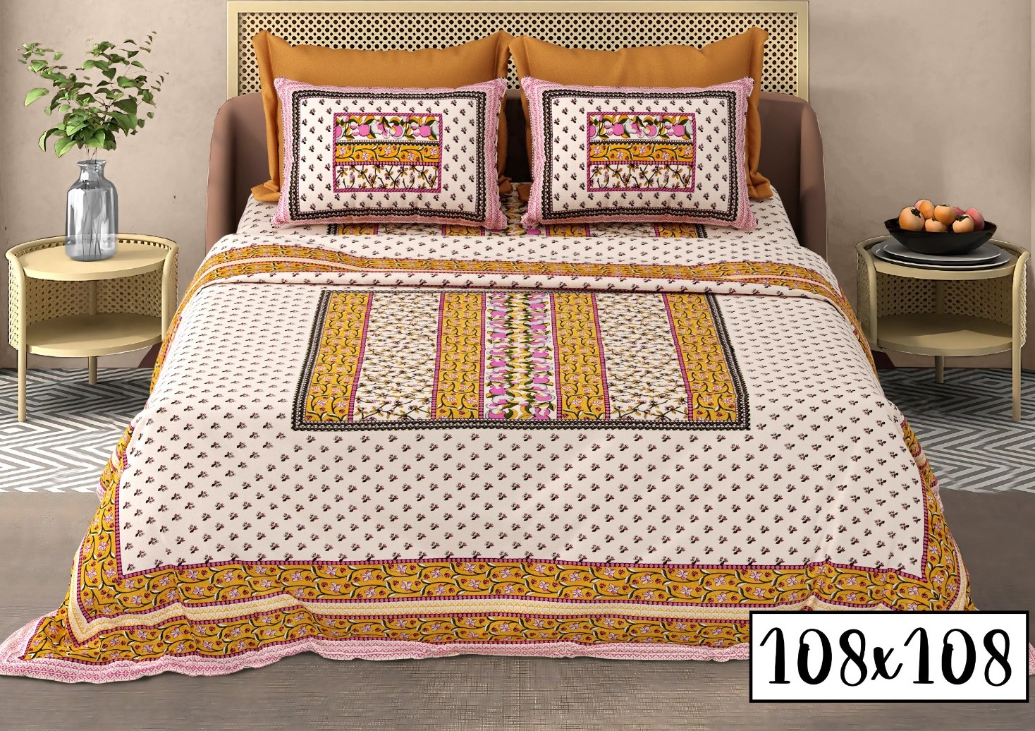 Royal 100% Cotton Super King Bedsheet Set (108" x 108") – Traditional Jaipuri Hand-Block Print with 2 Pillow Covers - Image 2