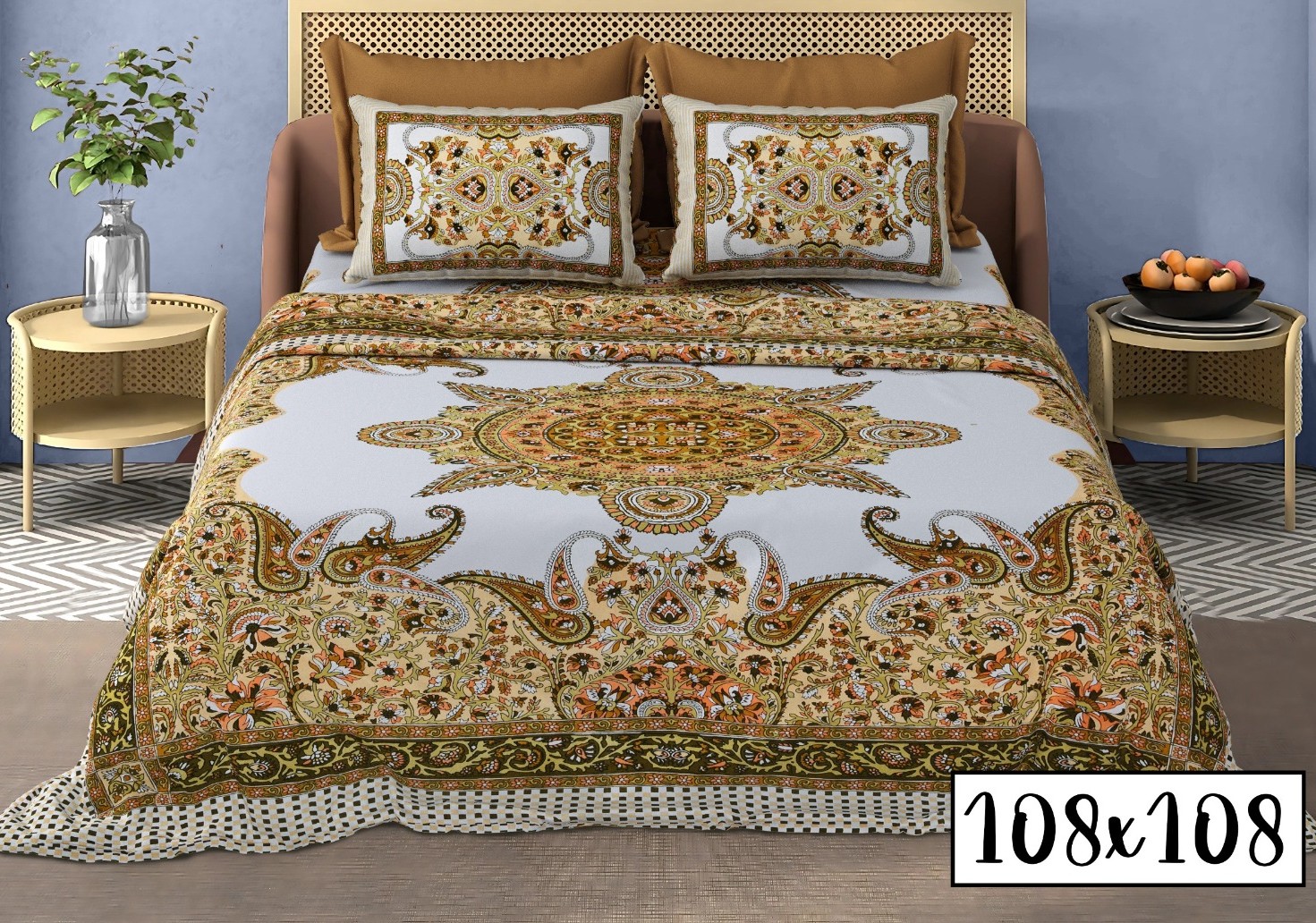 Royal 100% Cotton Super King Bedsheet Set (108" x 108") – Traditional Jaipuri Hand-Block Print with 2 Pillow Covers - Image 5