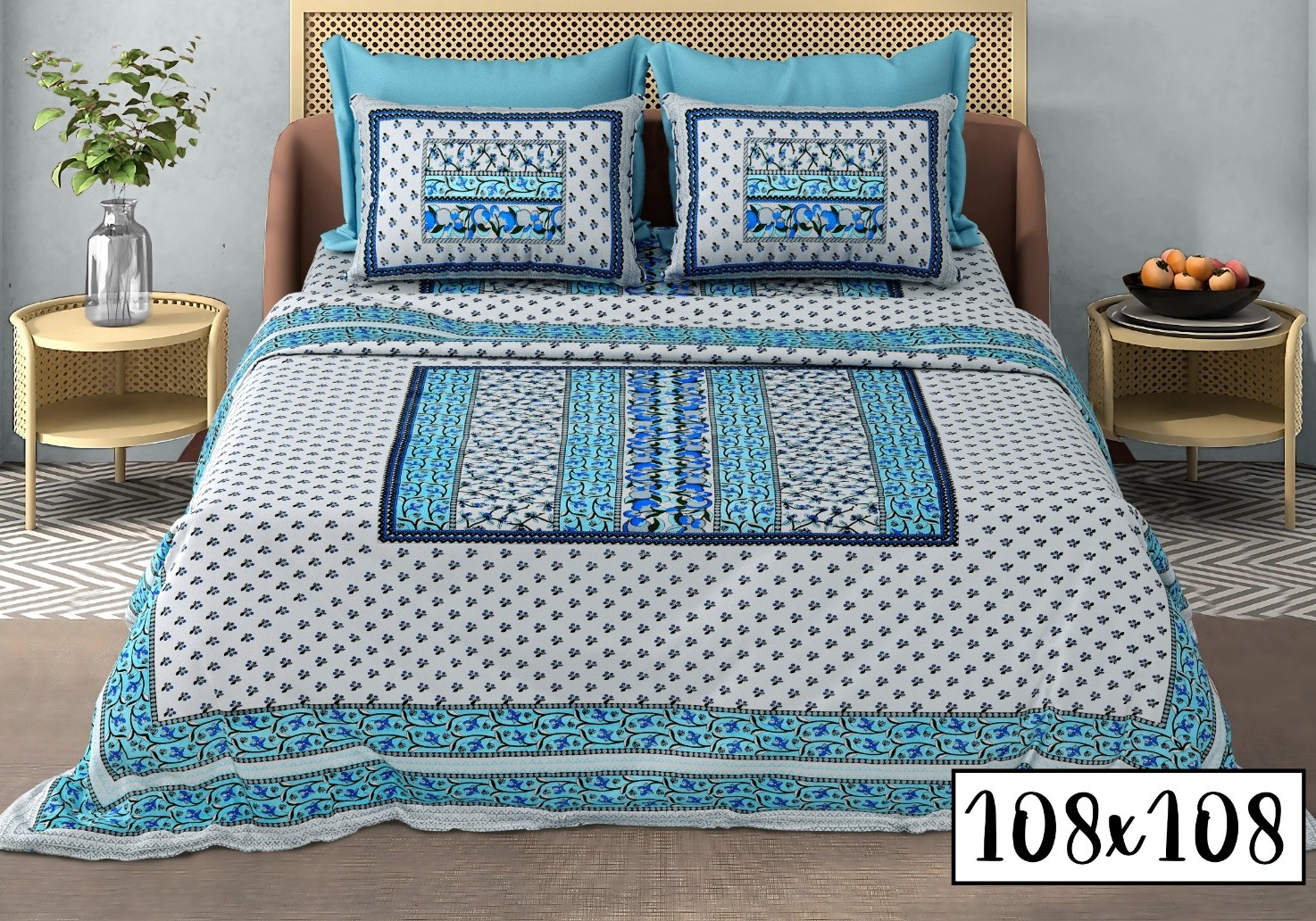 Royal 100% Cotton Super King Bedsheet Set (108" x 108") – Traditional Jaipuri Hand-Block Print with 2 Pillow Covers - Image 3