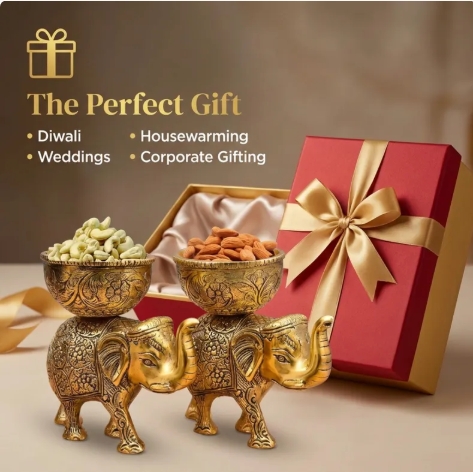 Handcrafted Metal Elephant Dry Fruit Bowl Set - Image 2