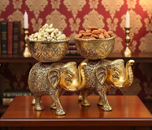 Handcrafted Metal Elephant Dry Fruit Bowl Set - Image 5