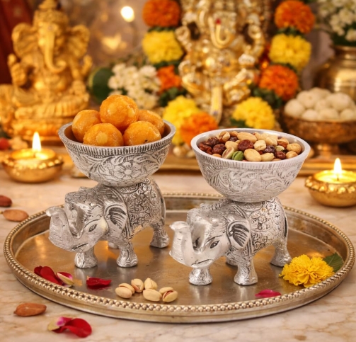 Handcrafted Metal Elephant Dry Fruit Bowl Set - Image 10