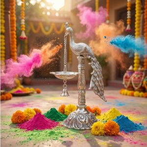Elegant Silver-Plated Peacock Diya Stand with Hanging Bell