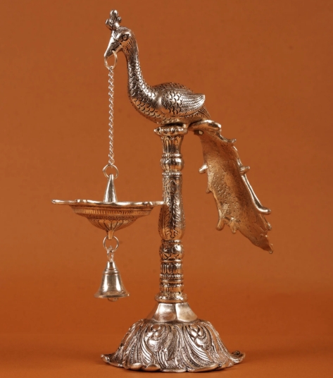 Elegant Silver-Plated Peacock Diya Stand with Hanging Bell - Image 3