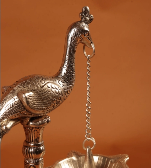 Elegant Silver-Plated Peacock Diya Stand with Hanging Bell - Image 4