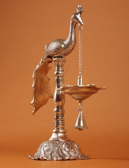 Elegant Silver-Plated Peacock Diya Stand with Hanging Bell - Image 5