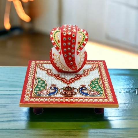 Hand-Painted Marble Ganesha Idol with Decorated Peacock Chowki - Image 2