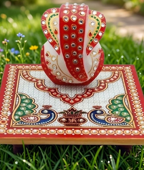 Hand-Painted Marble Ganesha Idol with Decorated Peacock Chowki - Image 3