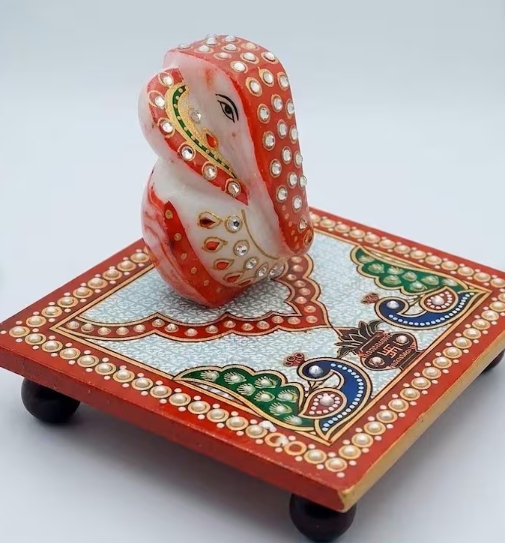 Hand-Painted Marble Ganesha Idol with Decorated Peacock Chowki - Image 4