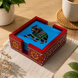 Hand-Painted Elephant Wooden Coaster Set with Holder
