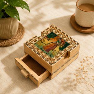 Royal Heritage Handcrafted Wooden Coaster Set with Drawer Holder