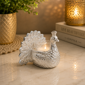 Elegant Silver-Plated Peacock T- Light Candle Holder with Luxury Velvet Gift Box