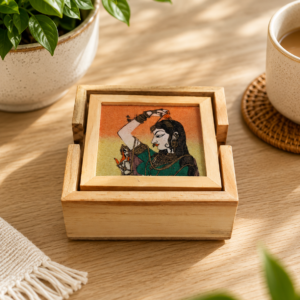 Royal Heritage Handcrafted Wooden Coaster Set (Set of 4 with Holder)