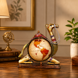Handcrafted Metal Camel Rotating Globe Table Decor