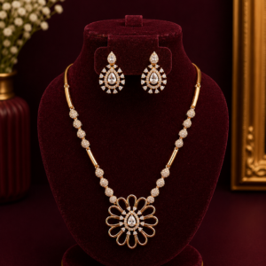 Elegant White CZ Beaded Station Chain Flower Jewelry Set